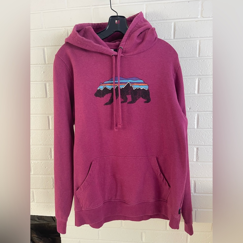 Patagonia Fitz Roy Bear Size Large. Raspberry color, heavy weight hoodie. EUC